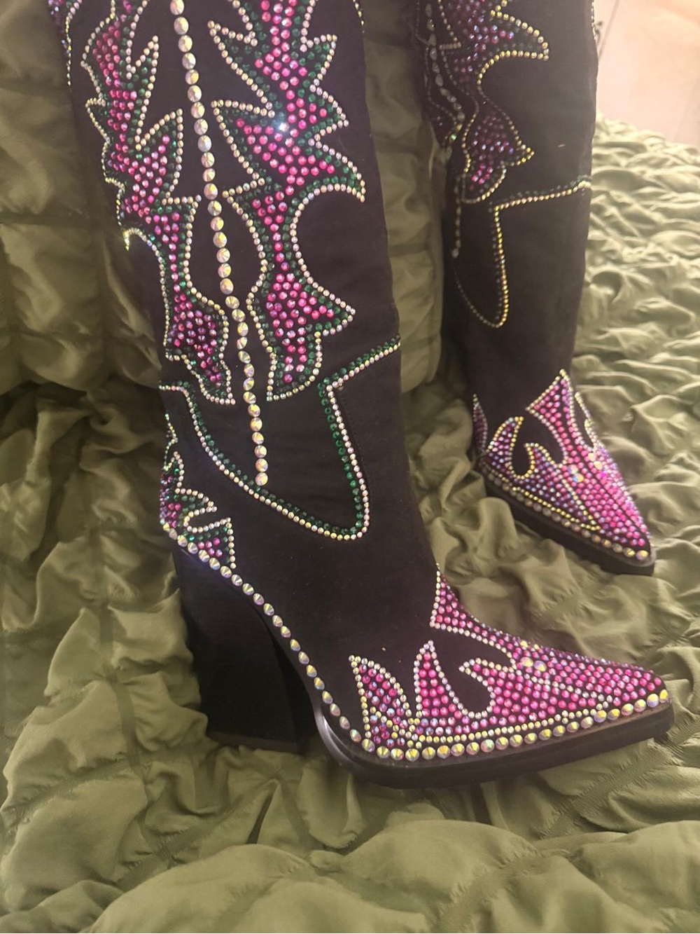 Embellished Black Suede Knee-High Heeled Boots with Pink Crystal Detail